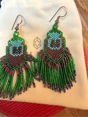 Never worn Handmade Green & Turquoise Seed Bead Fringe Earrings